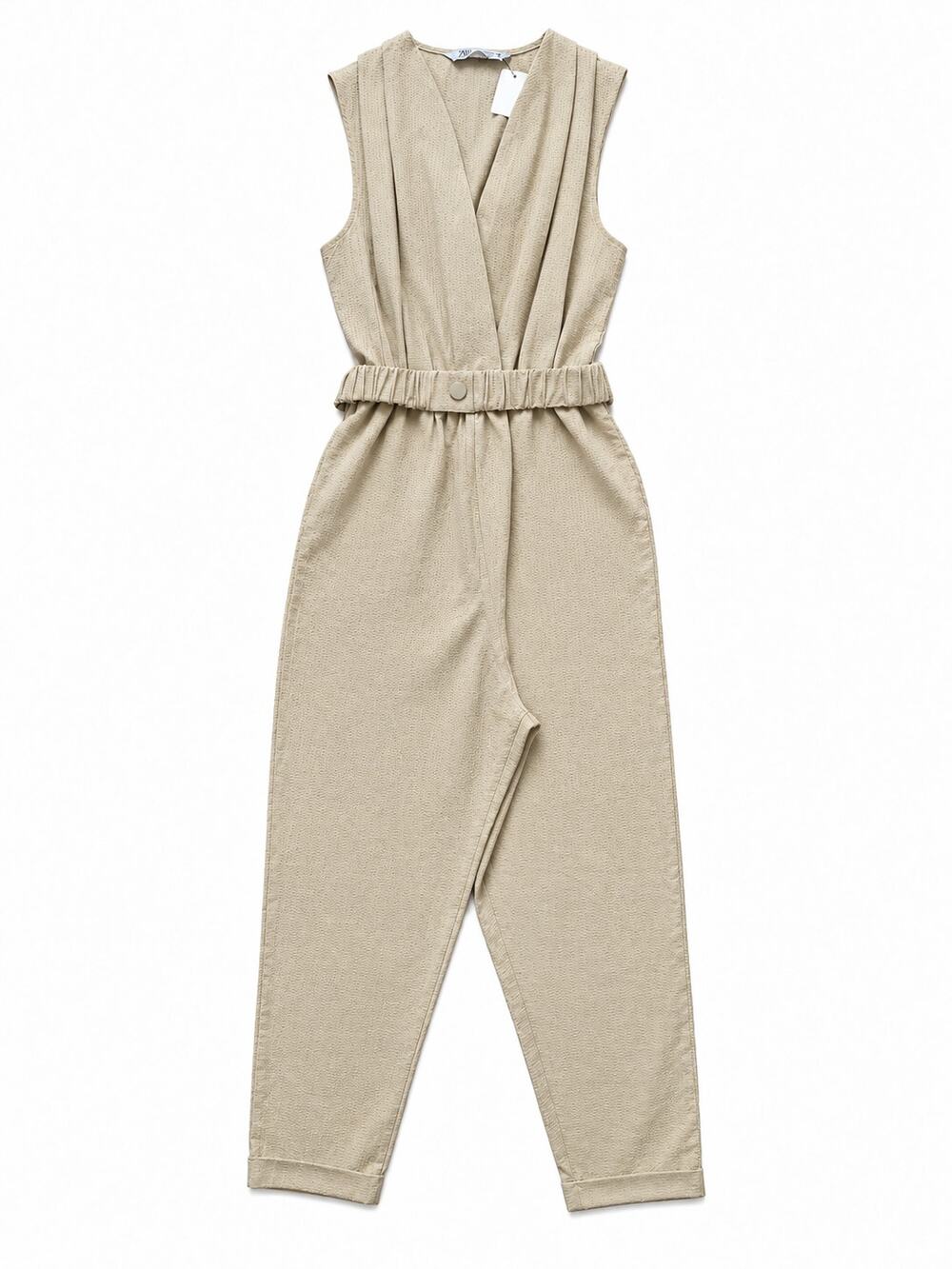 ZARA Womenโs XS Beige Linen Blend Sleeveless Belted Wrap Jumpsuit NWT